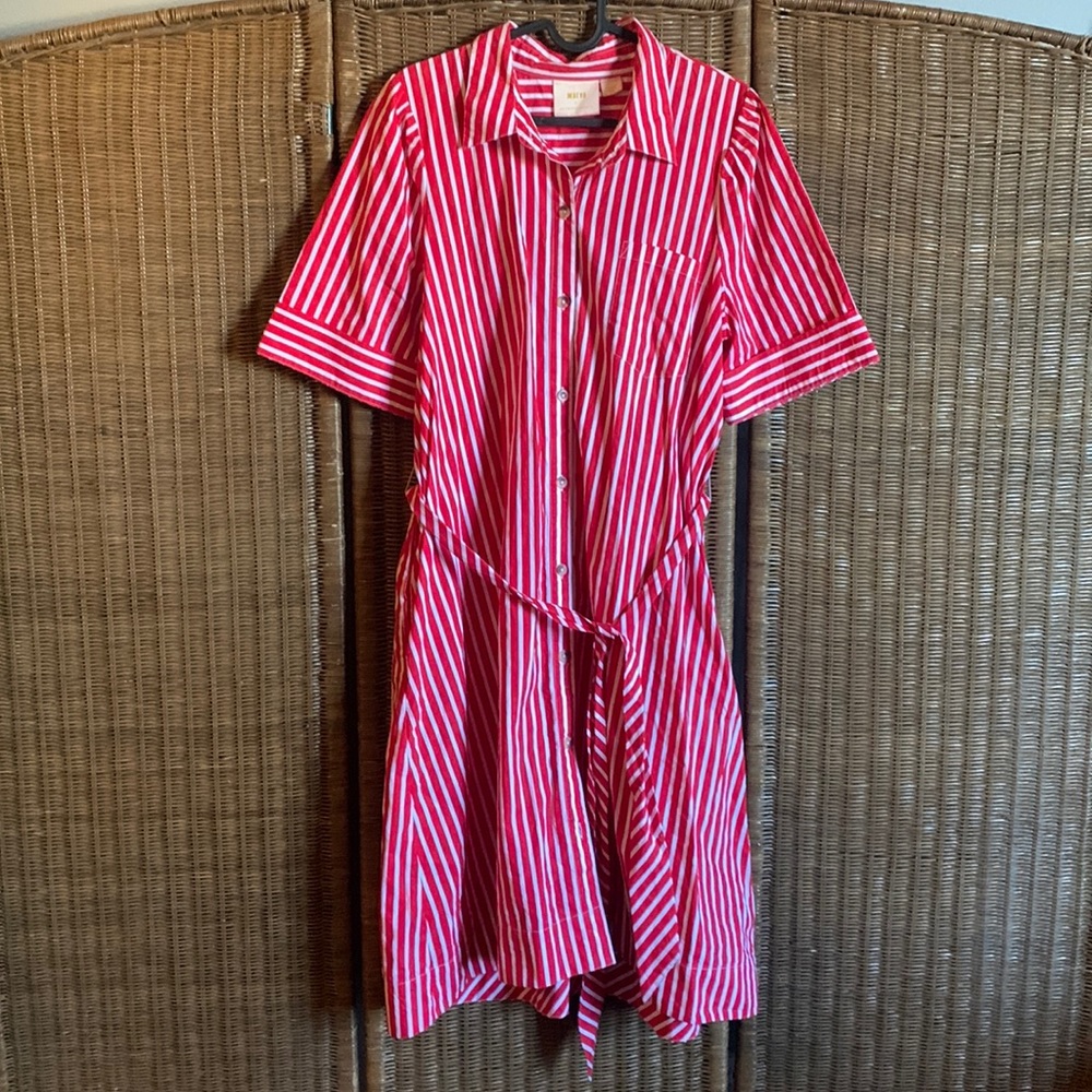 Maeve by Anthropologie vertical striped red dress with waist tie size L